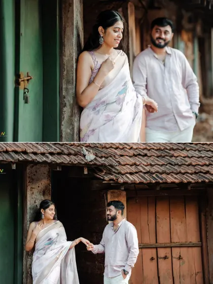 A collage of sweet, interactive moments between a couple in a village setting, highlighting their gentle connection.
