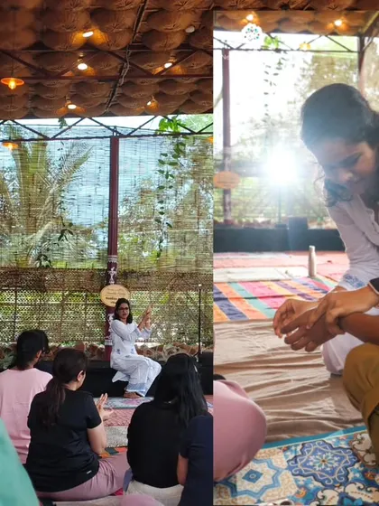 A collage showing two key elements of my retreats: group guidance and individual attention. On the right, I am providing a gentle, hands-on adjustment to a participant, ensuring they feel supported in their practice.