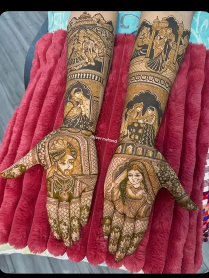 This design is a beautiful tribute to family, with portraits of the bride, groom, and their parents all included in the intricate artwork.