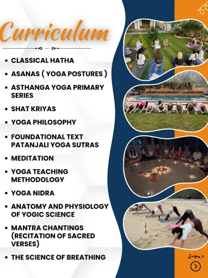 A detailed look at the curriculum for our 200-hour YTTC. This graphic lists key modules like Classical Hatha, Ashtanga Primary Series, Yoga Philosophy, and Mantra Chanting.