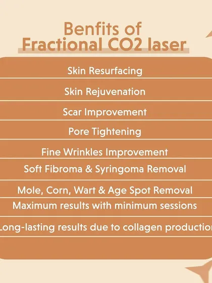 This list details the many benefits of our Fractional CO2 laser. It is a highly effective treatment for skin resurfacing, improving acne scars, tightening pores, and even removing certain skin growths with long-lasting results.