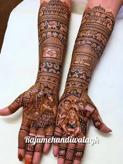 A full story design, this mehendi includes portraits of the couple, their parents, and important wedding rituals, all tied together with intricate patterns.