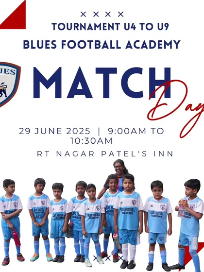A match day poster specifically for our U4 to U9 tournament at RT Nagar Patel's Inn. This shows our focus on providing dedicated events for our youngest age groups.