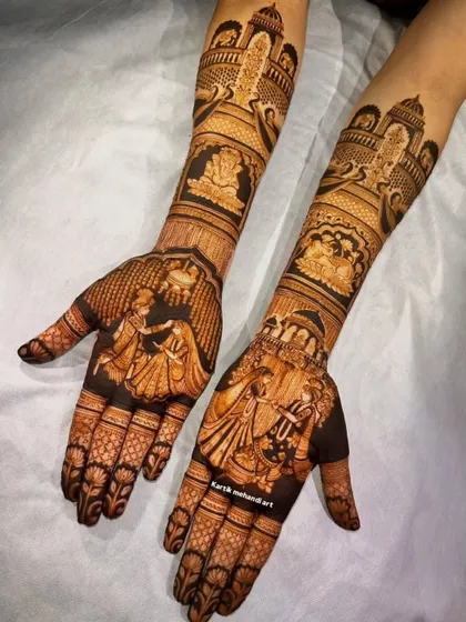 This bridal mehandi features a playful Garba scene with the couple, along with portraits of Lord Ganesha and Radha-Krishna. It's a perfect mix of fun, tradition, and spirituality.