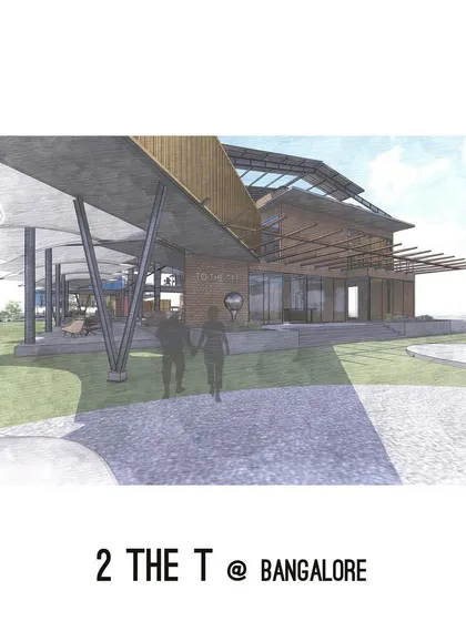 An architectural rendering of the "2 The T" clubhouse in Bangalore. The design features a floating roof and open-air seating, demonstrating how we can transform existing sheds and containers into dynamic new structures.
