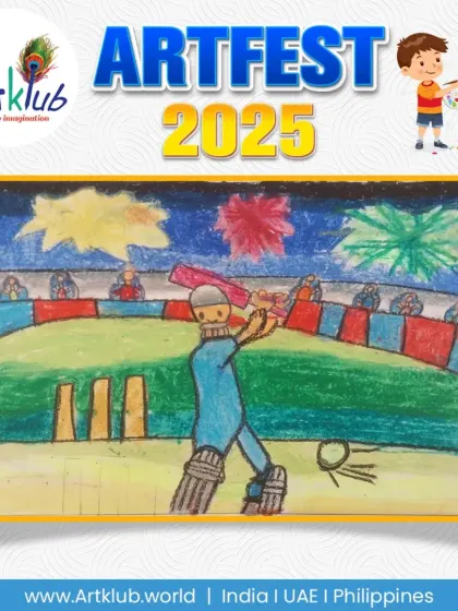 A powerful moment in a cricket match captured by a junior artist, with fireworks lighting up the night sky.
