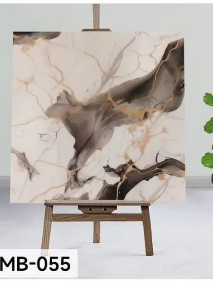 A contemporary design (WMB-055) with abstract, smoky grey shapes and fine gold veining on a white background.
