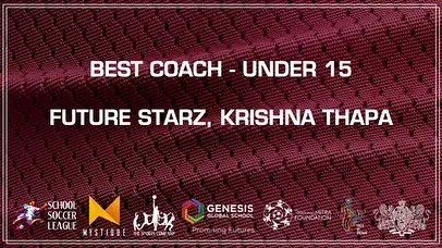 Recognizing the mentors behind the players. Krishna Thapa of Future Starz is awarded Best Coach for the Under 15 category.