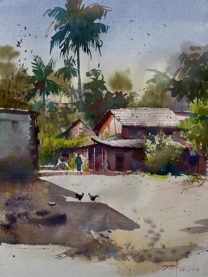 A rural scene in watercolor, depicting a quiet moment with figures and chickens near a traditional house. This was a demo for an online class.