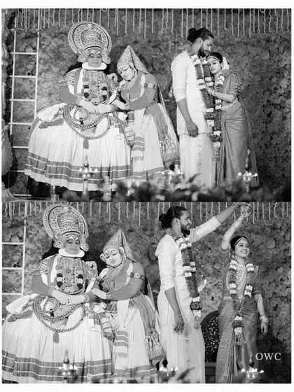 A black and white collage capturing the dramatic and traditional moments of a wedding ceremony with Kathakali performers.