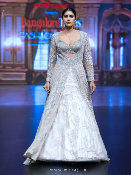 A full view of the light peach Indo-Western masterpiece, where tradition meets trend.