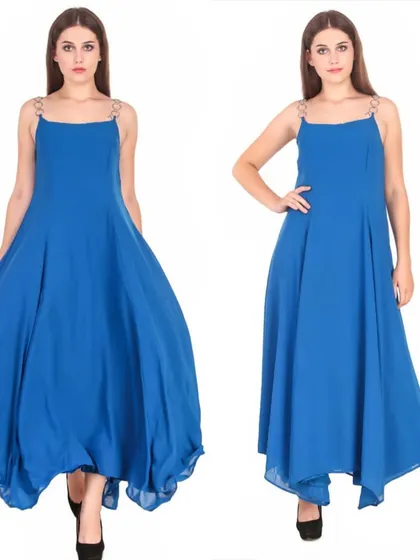 This diptych shows an international model in a flowing royal blue maxi dress. Capturing both a static and a walking pose helps to showcase the garment's movement and drape, essential for online clothing stores.