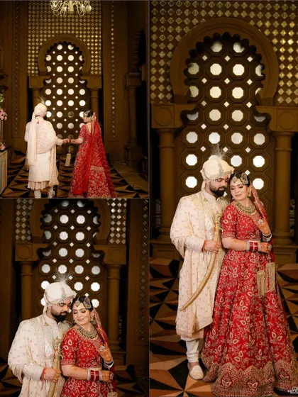 The rich, warm lighting and a Jharokha-style backdrop create a royal setting for these stunning couple portraits on their wedding day.