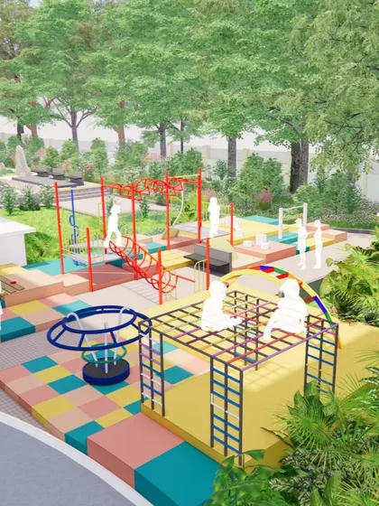 A conceptual view of a children's play area for an upscale residential project. We use these detailed renders to show clients exactly how the play equipment, safety surfacing, and surrounding greenery will come together.