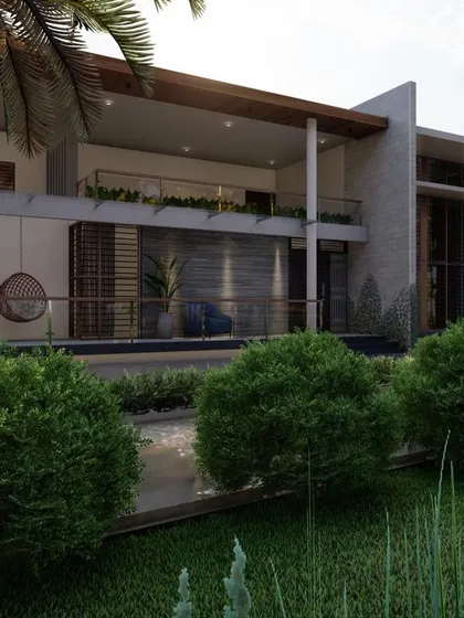 A proposed design for a villa in Harkere, Shimoga. This render highlights a luxurious home with a hanging chair on the balcony and beautiful landscaping.