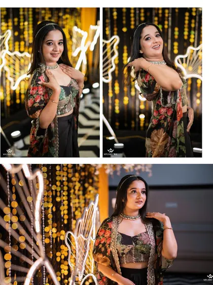 A collage of the bride looking radiant in her Sangeet outfit, posing against a beautifully lit backdrop.
