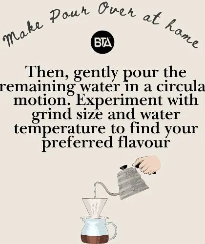 A simple instruction for making pour-over coffee at home. After the bloom, you gently pour the remaining water in a circular motion.
