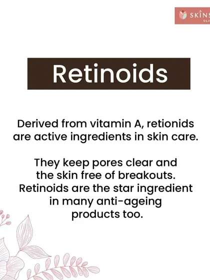 This graphic explains Retinoids, a Vitamin A derivative. They are a cornerstone of acne and anti-aging treatments because they accelerate cell turnover, keeping pores clear and stimulating collagen.