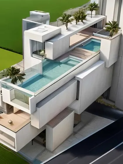 A conceptual render of a clubhouse with stacked pools and terraces.