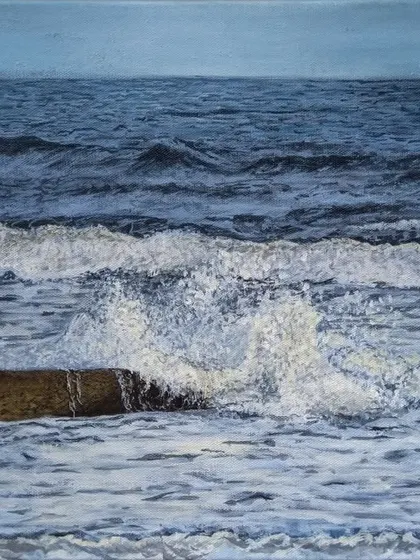 An acrylic painting of ocean waves crashing against a seawall. This piece was an exploration in capturing the movement and energy of water.