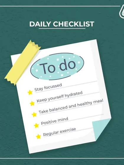 A simple daily checklist for a healthier life: stay focused, keep hydrated, eat a balanced meal, maintain a positive mind, and get regular exercise. We can help with the balanced meal part!