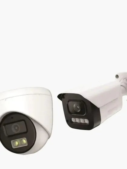 On the left is a dome camera with built-in spotlights, and on the right is a bullet camera with multiple infrared LEDs. Both are designed for superior night-time performance.