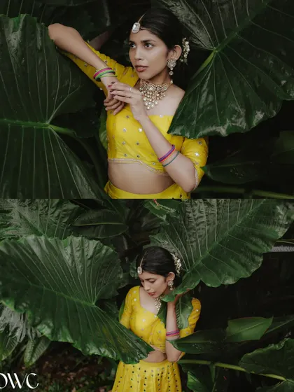 A collage of the bride posing amidst large tropical leaves, showcasing her beautiful yellow Haldi outfit.
