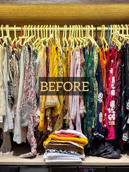 Before: Piles of clothes and crowded hangers made it impossible to see what was in this wardrobe, leading to decision fatigue.
