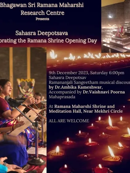 A composite image announcing the Sahasra Deepotsava, showing both the lamp lighting ceremony and the musical discourse. This highlights the blend of ritual and art in our celebrations.