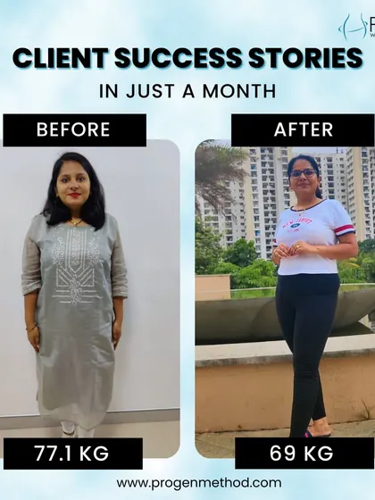 Success in just one month. Our client Yogita lost 8 kgs, going from 77.1 kg to 69 kg. Her dedication shows how quickly you can start seeing progress.