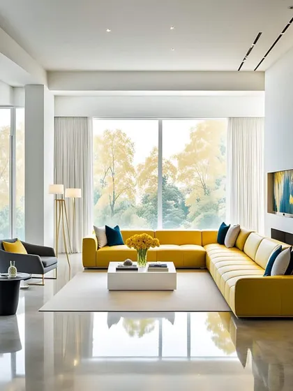 A minimalist living room with high ceilings and large windows. The bright yellow L-shaped sofa serves as the focal point in this clean, open space.