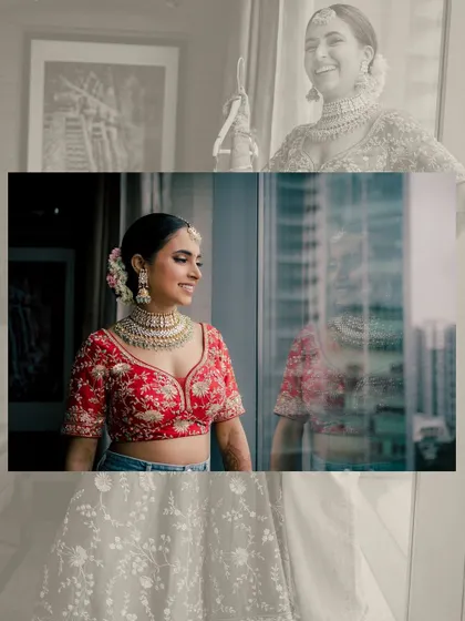 A creative edit showing the bride getting ready and the final look. It captures the journey from casual to bridal glamour.
