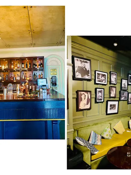 A look at my bar and one of my cozy green booths. It's the perfect spot for a quiet drink or a long chat with friends.