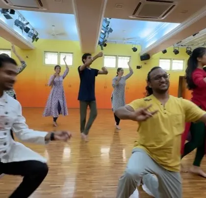 Rehearsing for the 'Goverdhan Leela' production at the Abhinava Dance Company studio. The process involves intense focus and collaboration to bring the story of Lord Krishna to life.