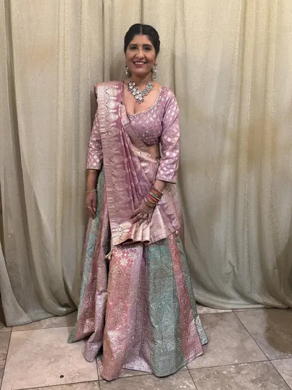 I love seeing my clients shine. Here, a beautiful client wears one of my statement necklace sets, perfectly complementing her traditional Banarasi lehenga for a wedding event. It shows how the right jewellery can complete a regal look.