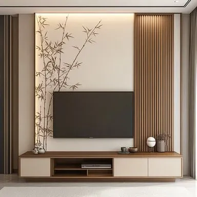 An elegant TV unit with a Japanese-inspired aesthetic, featuring a painted bamboo motif on the back panel. The design is balanced with a vertical wood-slat panel and a low, minimalist console.