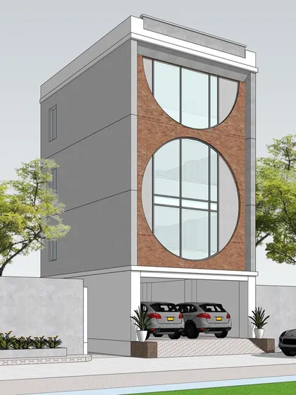 A proposed elevation concept featuring bold circular window designs set against a brick-textured facade. This unique architectural approach creates a memorable and artistic statement, demonstrating our ability to think beyond conventional forms.
