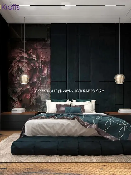 A moody and dramatic bedroom with a dark paneled accent wall, floral art, and low-hanging pendant lights.