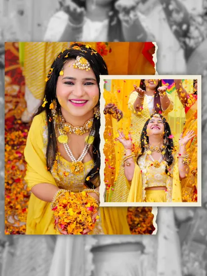 A bride showered with flower petals at her Haldi. Her ecstatic, joyful expression is perfectly captured in this moment of celebration.