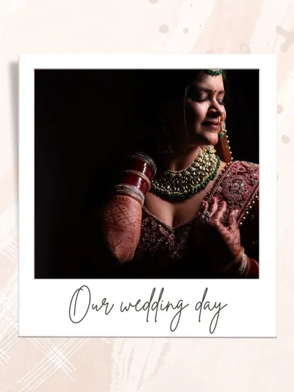 A serene bridal portrait presented in a simple polaroid frame. The dark, moody lighting emphasizes the intricate details of her jewelry and her peaceful expression.