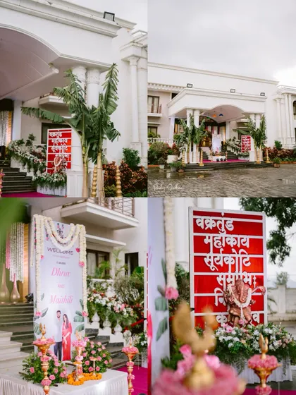 A collage showcasing the welcoming decor at Maithili and Dhruv's engagement, featuring traditional elements and personalized signs.