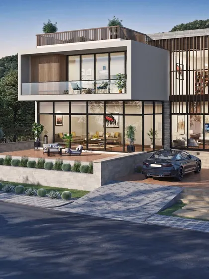 A 3D exterior render of a contemporary villa with large glass panels and a cantilevered second floor. The image shows the home integrated into its sloped, landscaped environment.