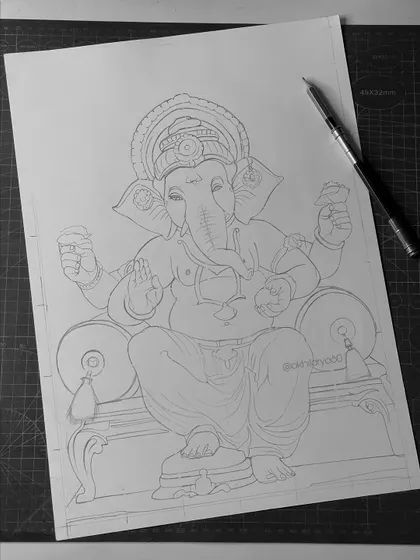 The initial pencil outline for a portrait of Lord Ganesha. This is the first stage of my drawing process, where I map out all the details before adding depth and shadow.