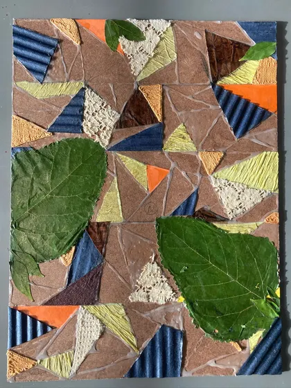 This collagraph plate is a study in geometric and natural textures. The artist has combined corrugated paper, lace, string, and real leaves to create a fascinating abstract composition for printing.