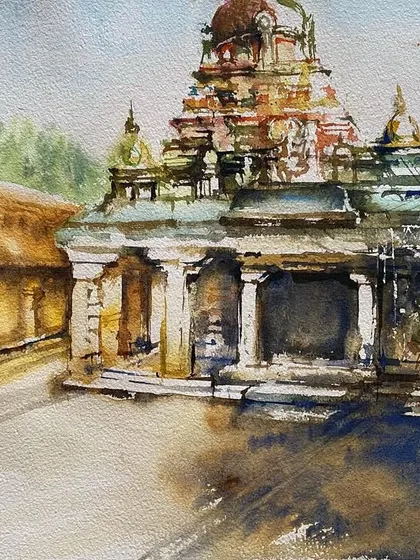 My first artwork of 2024, a watercolor painting of a classic South Indian temple. I have a deep love for temple architecture, and this piece captures the serene and majestic feel of these sacred spaces.
