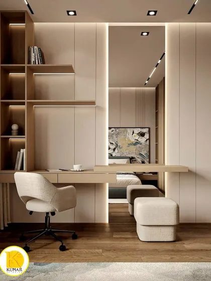A close-up of the integrated study desk and shelving unit, showing a clever use of space.
