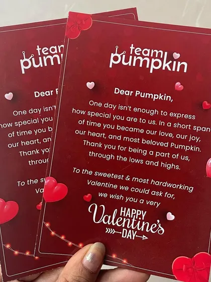 A personal touch goes a long way. For our corporate orders, we can include custom-designed cards with your company's message, like this heartfelt one for Team Pumpkin.