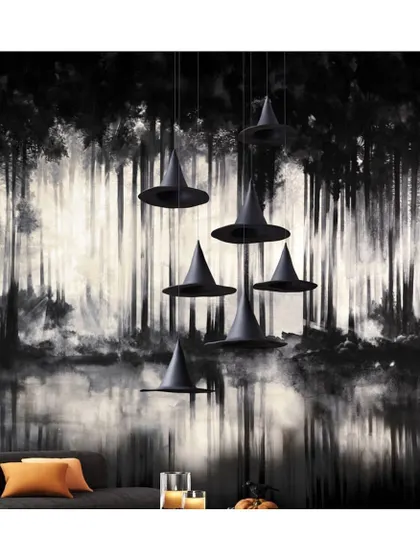 This dramatic black and white wallcovering from the 'Transcend' collection shows the power of monochromatic design. The abstract forest scene adds a moody, sophisticated, and artistic feel, perfect for a modern living space.