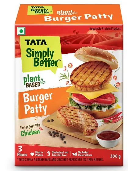 Capturing a deconstructed burger patty for Tata's plant-based range. The image highlights the grilled texture of the patty and the fresh ingredients, communicating a wholesome and tasty meal.