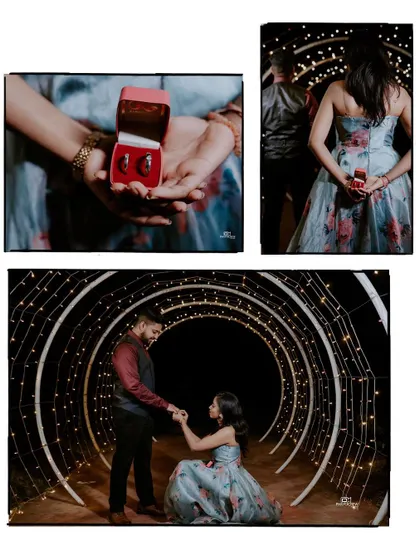 A collage capturing a romantic proposal moment, complete with a light tunnel and close-ups of the ring.